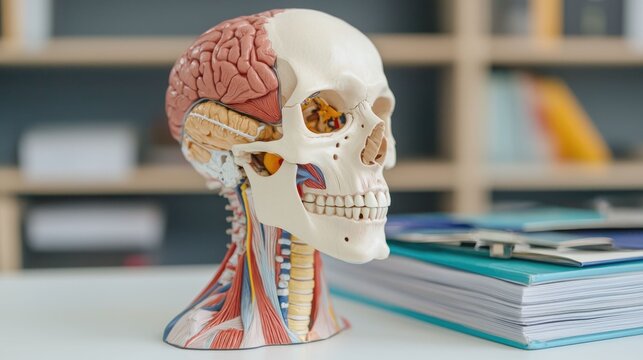 Anatomical model of the human body displayed alongside medical textbooks learning tools and other educational resources for the purpose of scientific study medical training and healthcare research