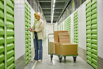 Middle aged Caucasian woman unlocking storage unit door while standing in corridor, pushing cart...