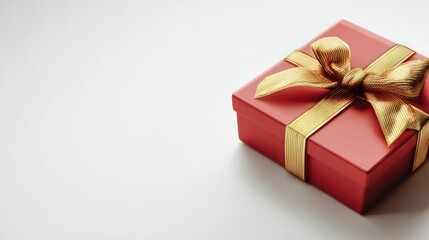 Obraz premium An elegant red gift box tied with a golden ribbon is placed against a simple, bright background with a large area of white space.