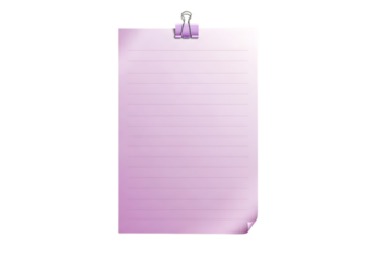 Illustration of purple lined paper sheet with a purple binder clip, isolated on transparent background