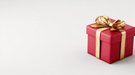 Obraz premium An elegant red gift box tied with a golden ribbon is placed against a simple, bright background with a large area of white space.