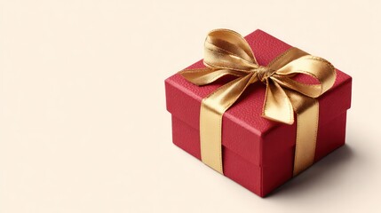 Obraz premium An elegant red gift box tied with a golden ribbon is placed against a simple, bright background with a large area of white space.