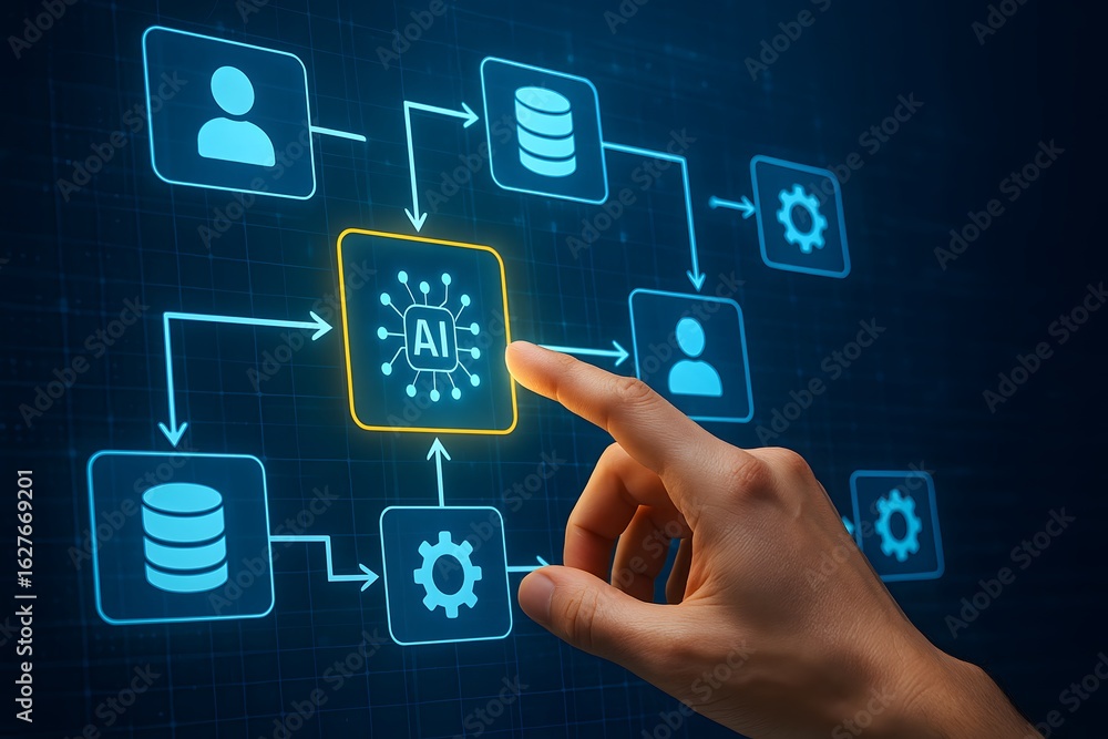 Poster hand touching artificial intelligence workflow diagram with digital icons on blue screen