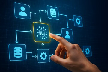 Hand Touching Artificial Intelligence Workflow Diagram with Digital Icons on Blue Screen