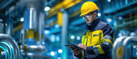 The industrial worker using a tablet for monitoring operations in a factory setting.