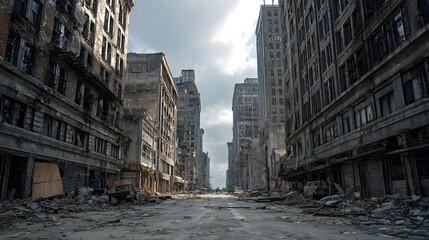Fototapeta premium A city street lies abandoned and desolate in the aftermath of an apocalypse