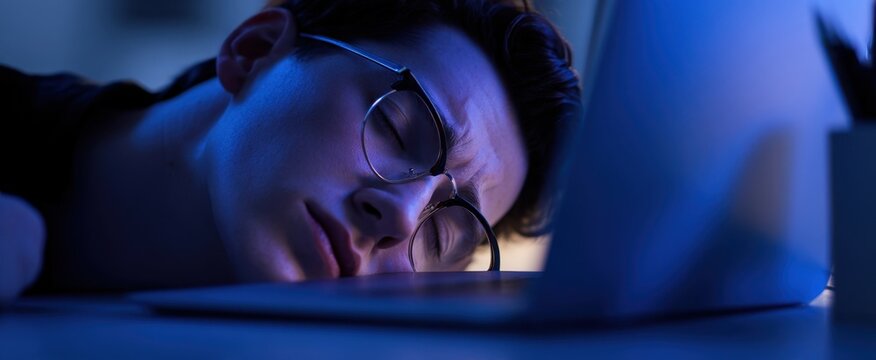 The exhausted young adult resting on a laptop in dim blue lighting.