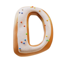 3D illustration of White Cream Donut Font Concept.  Bakery sweet alphabet.Delicious Letter D. Supports PNG files with transparent backgrounds.