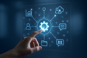 Human Hand Touching Digital Gear Icon on Virtual Interface Screen with Connected Technology Symbols and Blue Background