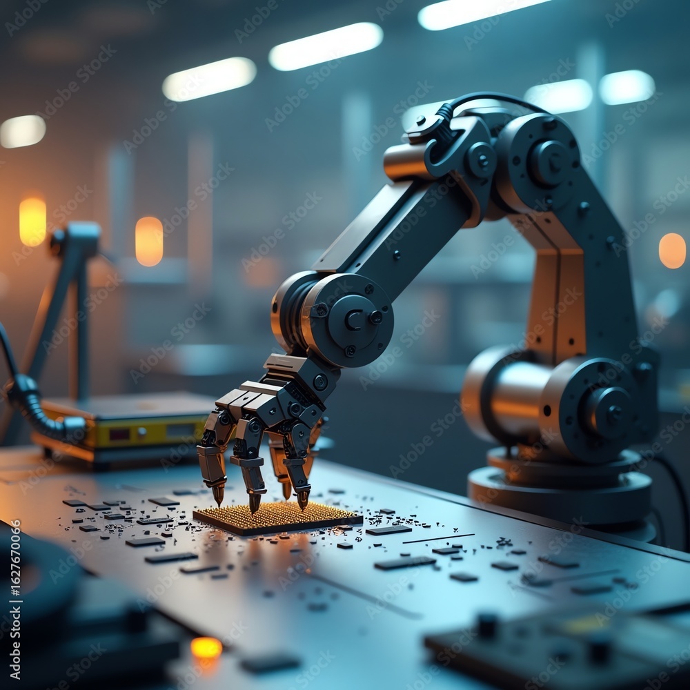 Poster robotic arm assembling circuit board in factory setting