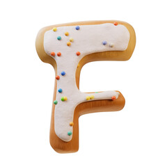 3D illustration of White Cream Donut Font Concept.  Bakery sweet alphabet.Delicious Letter F. Supports PNG files with transparent backgrounds.