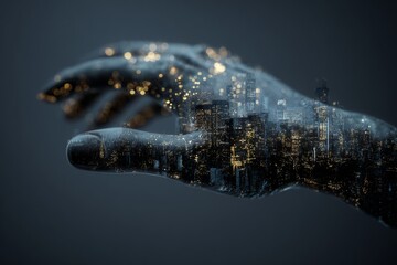 A monumental hand overlapping with a digital city at dusk, glowing with smart buildings, grids, and luminous skyscrapers.