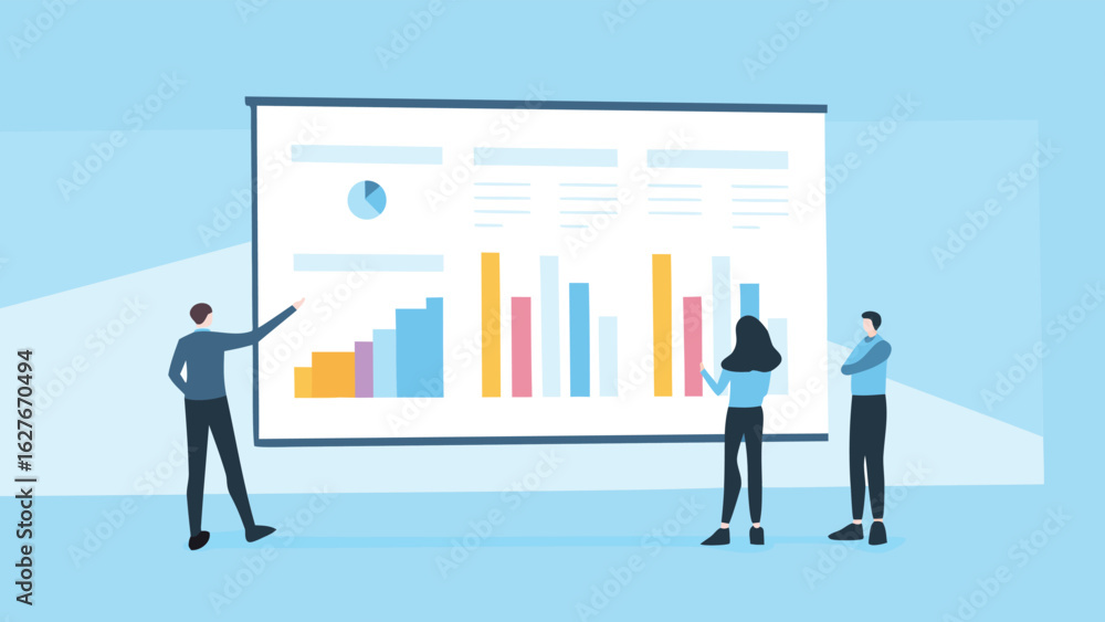 Aufkleber people presenting a chart with bar graphs and pie chart on a screen in a light blue presentation roo
