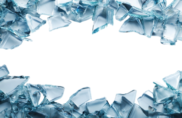 Broken glass shards forming frame with copy space, isolated on transparent cutout background
