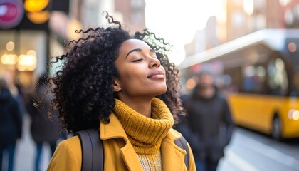 Woman with curly hair breathes deeply, eyes closed, in a city street