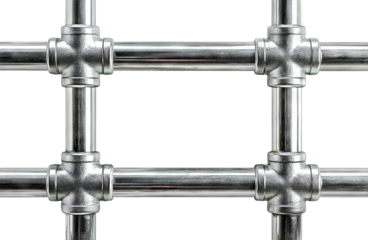Metal pipeline grid structure with connectors, isolated on transparent cutout background