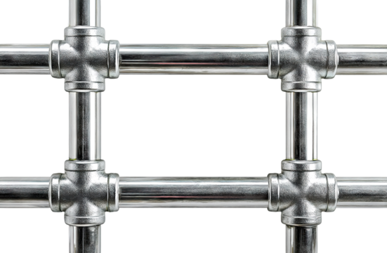 Metal pipeline grid structure with connectors, isolated on transparent cutout background