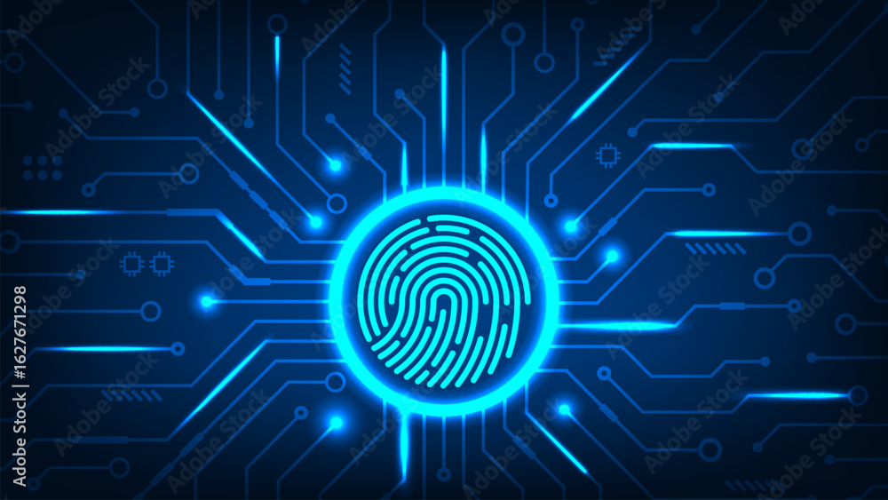 Poster abstract technology background cyber security concept fingerprint scanner on circuit board