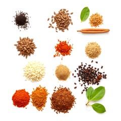 Assorted autumn spices and dried herbs with decorative elements