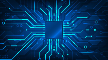 Futuristic microchip CPU circuit board blue light technology abstract background