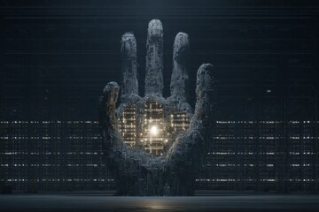 A giant hand emerges from a futuristic landscape, holding a glowing server with neon lights. Concept of AI Data center