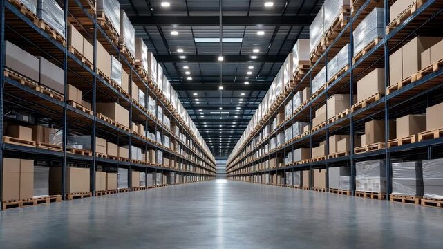 Massive warehouse interior with rows of stacked shelves filled with boxes and goods under industrial lighting in a modern logistics center highlighting efficiency of storage organization, distribution