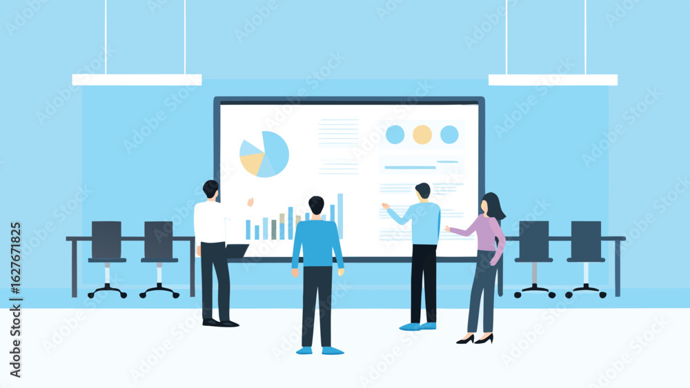 Poster group of people in a meeting room looking at a presentation screen with charts and graphs displayed 