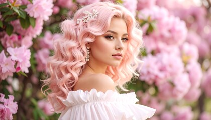 Naklejka premium Woman with pink hair in a spring garden