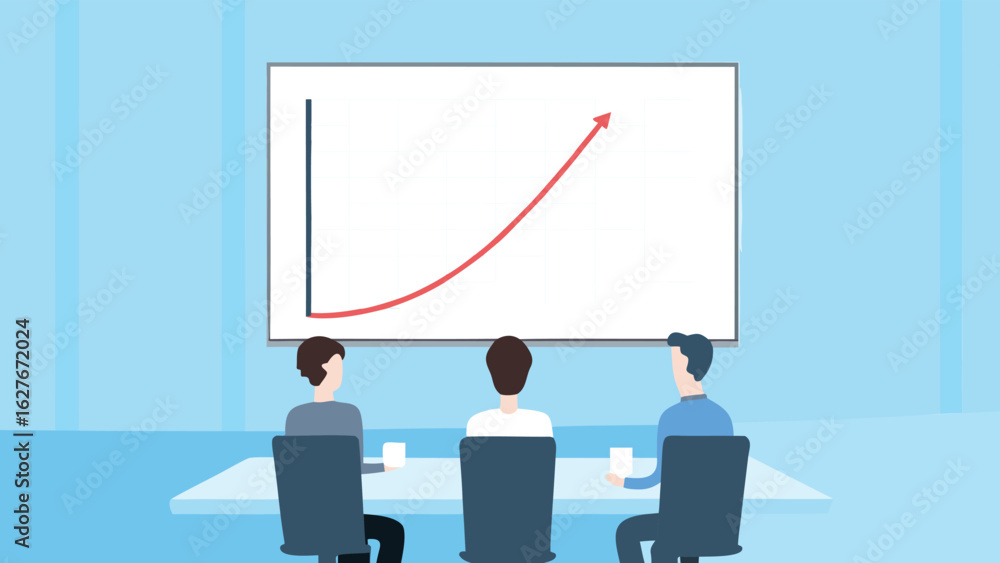 Poster three people sitting at a table looking at a whiteboard with an upward trending graph displayed on i