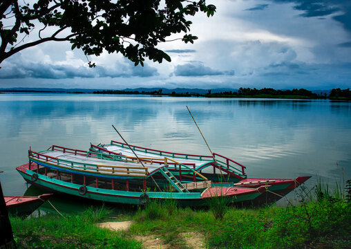 Mountain and boat at kaptai Lake, rangamati, Bangladesh