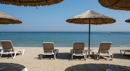 A serene beach scene with straw umbrellas shading empty lounge chairs, overlooking the calm blue ocean under a clear sky.