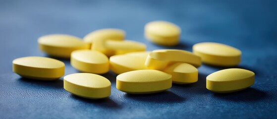 The vibrant yellow pills scattered on a blue surface for healthcare applications.