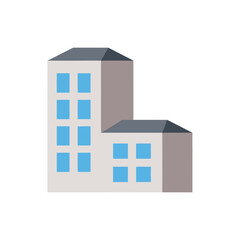 Building icon illustration with blue windows and a gray roof.