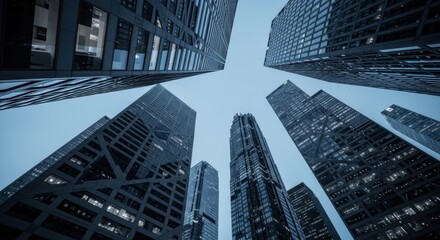 Chicago Skyscrapers: Worm's Eye View of Modern Architecture Against Pale Blue Sky