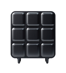 A dark gray, square, modular storage unit.  Nine recessed square compartments.  Small, dark gray feet
