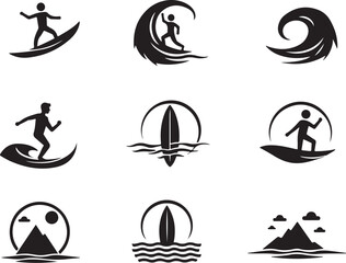 Dynamic surfing icons capture wave riding action and ocean adventure