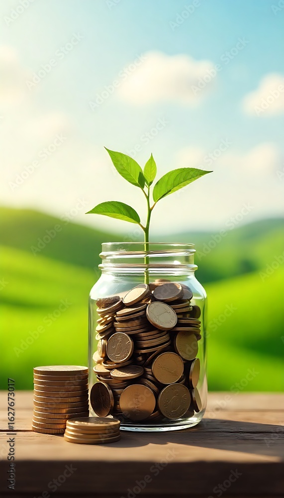 Poster generative ai concept presents financial growth visualized with sprout and coins in jar