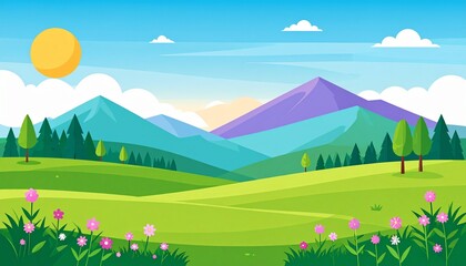 Fototapeta premium Peaceful landscape cartoon background with gentle hills, trees, and sky. Calm, colorful, and whimsical, perfect for illustration, children’s projects, and creative designs.