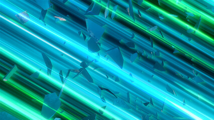Obraz premium A Sci Fi abstract background of energetic pulsing lines with slowly moving and rotating shards of glass.