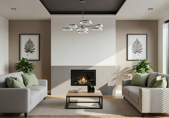 Modern Living Room Interior Design with Fireplace and Sofas
