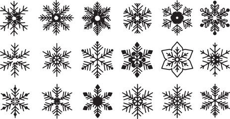 Fifteen Diverse Black Snowflake Graphics on White Background winter icon