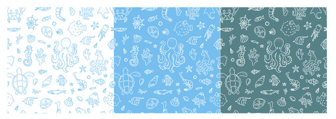 Marine animals seamless set. Wallpaper with octopus, turtle, seahorse, jellyfish, squid, and fish on blue background.
