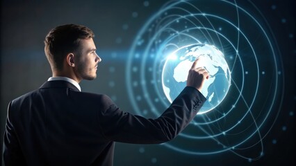 Businessman interacting with futuristic holographic globe interface