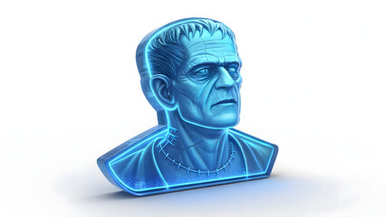 3D blue holographic glass Frankenstein head icon isolated on white, stylized monster character bust design