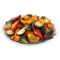 Healthy roasted vegetable medley served on a white plate isolated on transparent background