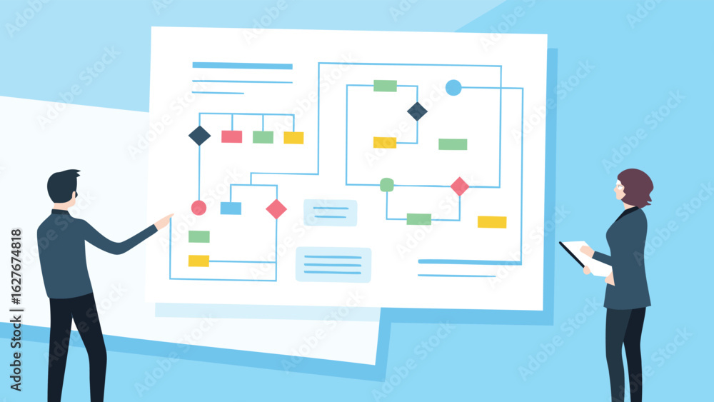 Aufkleber two people discussing a flowchart on a whiteboard with shapes and lines representing a process or sy