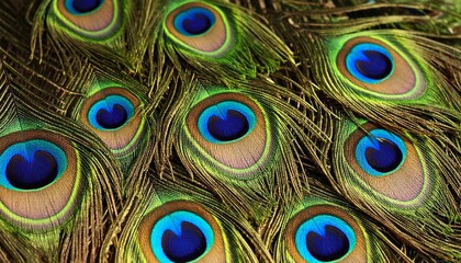 Fototapeta premium Close-up of a vibrant peacock feather background. Colorful, detailed, and elegant, perfect for nature, design, and decorative projects.