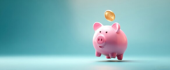 The pink piggy bank with a coin representing savings and financial growth.
