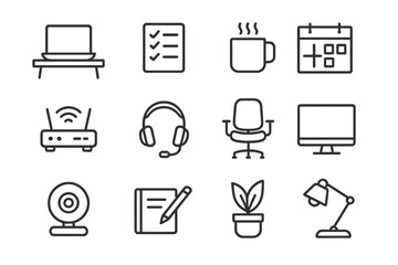 Remote Work Essentials Icons. Line style icons of remote work essentials: laptop on desk, task checklist, coffee mug, calendar
