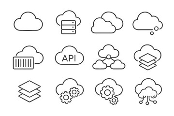 Cloud Service Icons. Line style icons of cloud service models: SaaS label, PaaS server icon, IaaS box icon, hybrid cloud, public